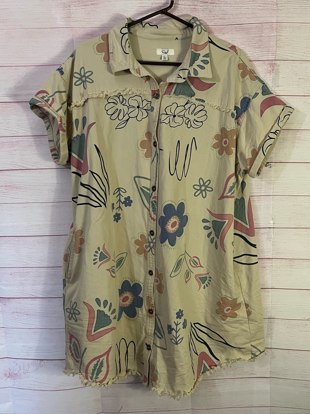 Easel 100% Cotton Boho Floral Front Button Fray Detail Shirt Dress Size Large